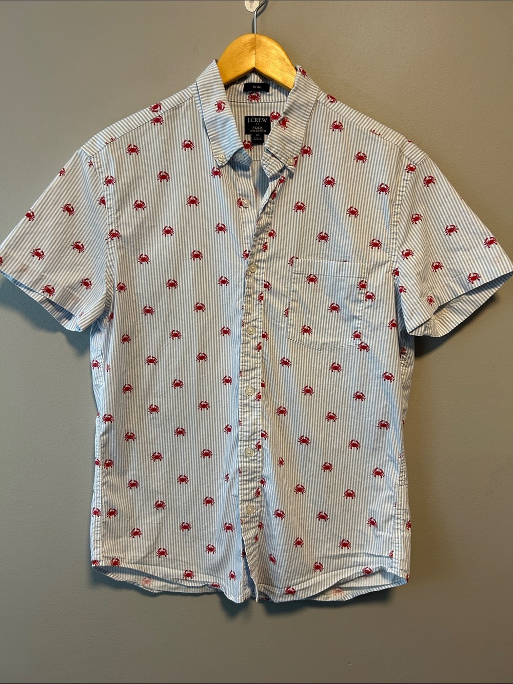 J. Crew Striped Crab Print Button Down Shirt Slim Fit Flex Washed Medium